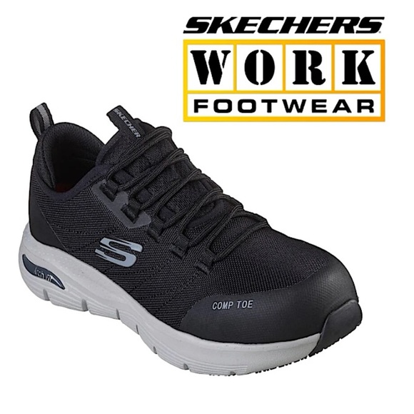 New Skechers Ebinal Work Shoes Arch Fit Comp Toe Slip Resistant Lace Up Low Boot - Picture 1 of 15